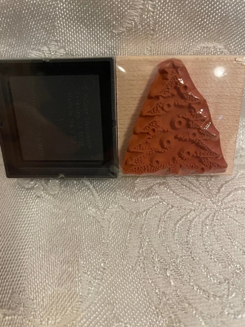 1996 Rubber Stampede Christmas Tree Stamp with Wood Top and Black Prism Ink Pad
